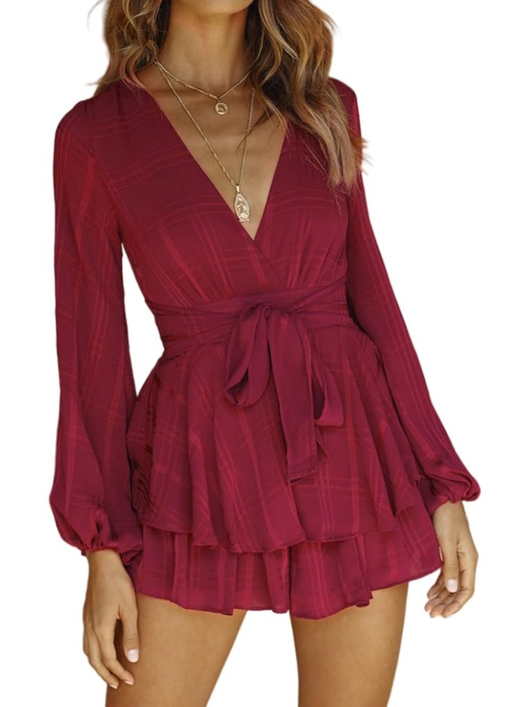 Women Wine Red Plaid Floral Print V Neck Long Sleeve Double Layer Ruffle Romper